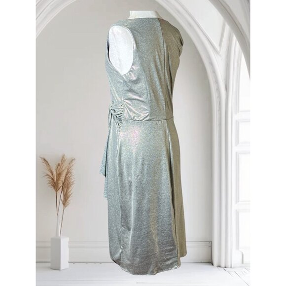 NEW Superfoxx Sz M Silver Metallic Sleeveless Dress Side Knot Asymmetric Ruffle - Picture 2 of 9